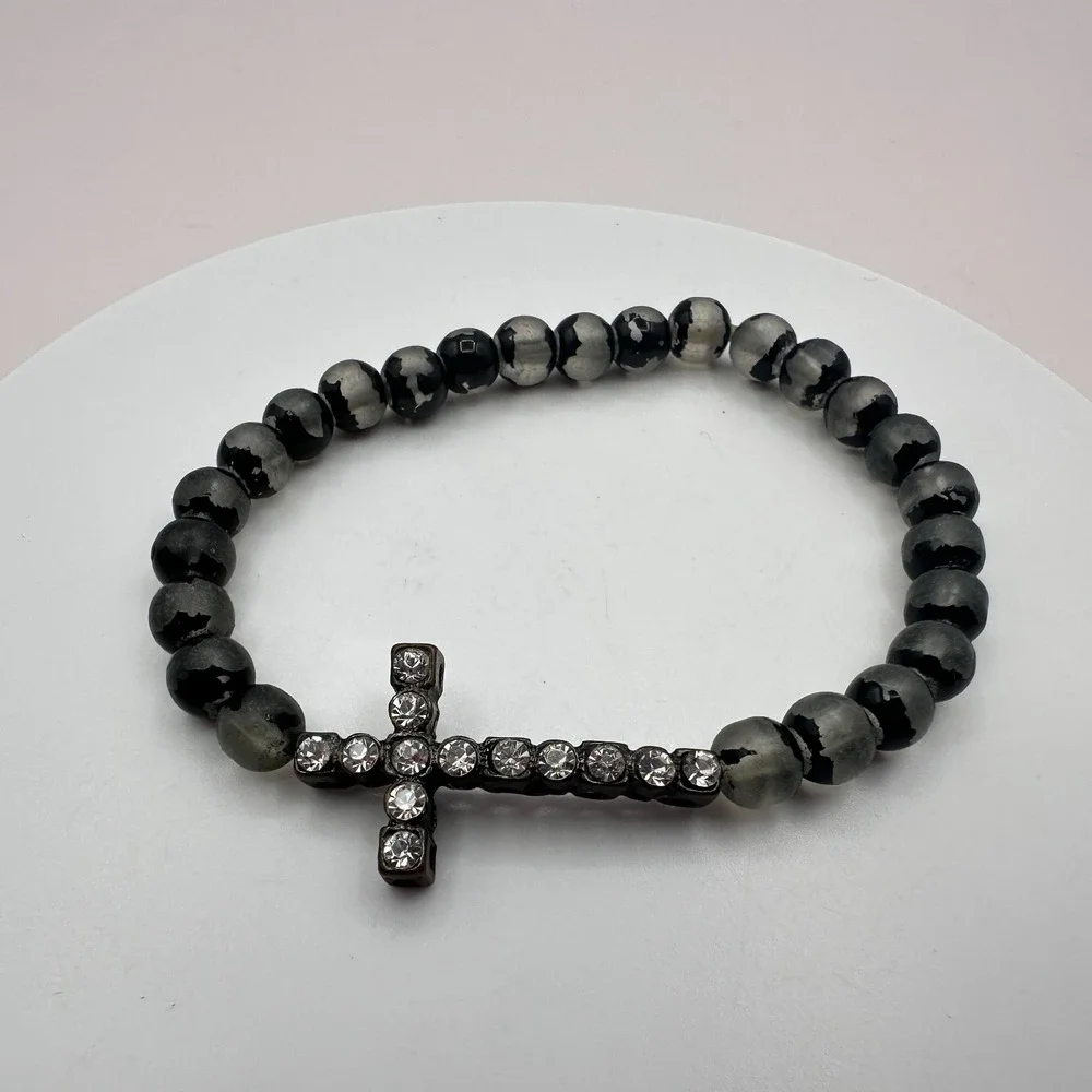 Vintage 90s Clear Glass Beaded Cross Bracelet Goth Religious Fashion Jewelry 90s